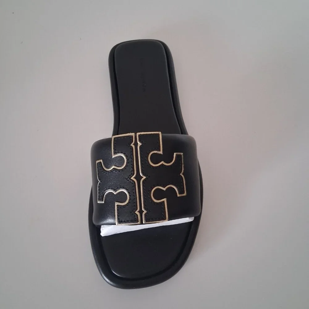 Tory Burch Double T Sport Slide Sandals Perfect Black/Gold Size 5.5